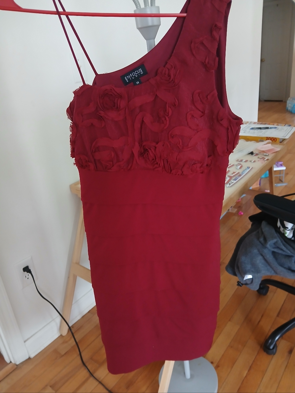 Enfocus Women One Shoulder Dress Sz 14 Deep Red Detailed Bodice Layers In Front